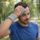 Man in blue shirt wipes forehead with towel outdoors, wearing Toffa Wrist Sweat Bands.