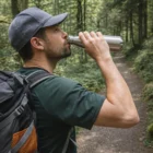 Man in forest drinks from Solas Steel Bottle, wearing a cap and backpack.