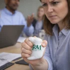 Woman relieving stress at a meeting while wearing our signature Stress T-Shirt.