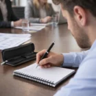 A man takes notes with an Emperor Brass Ball Pen at a business meeting.