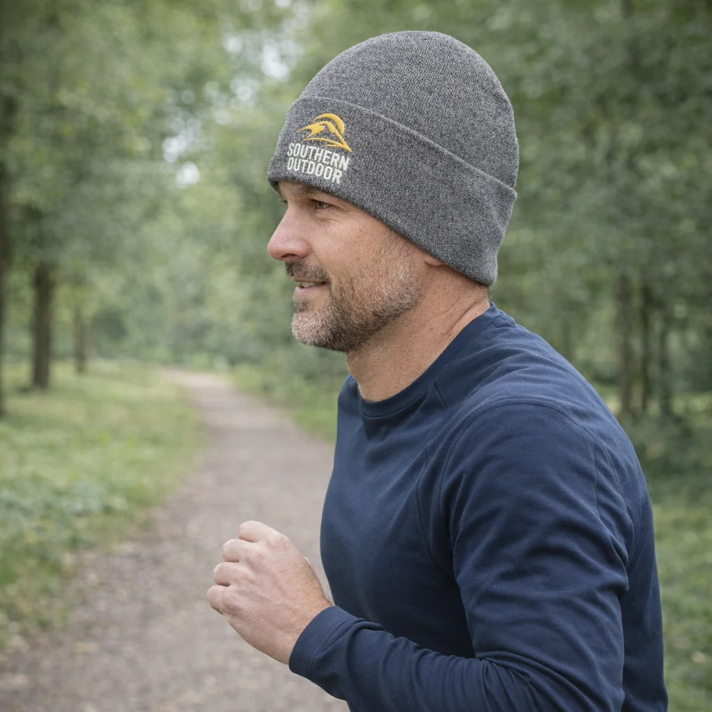 Man jogging on a forest trail, wearing a navy shirt and Promo Commando Heather Style Beanies.