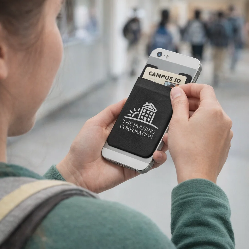 Person indoors holding Galaxy Phone Wallets with campus ID in a Housing Corporation holder.