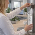 Person refilling a Jupiter Glass Bottle at an office water cooler.