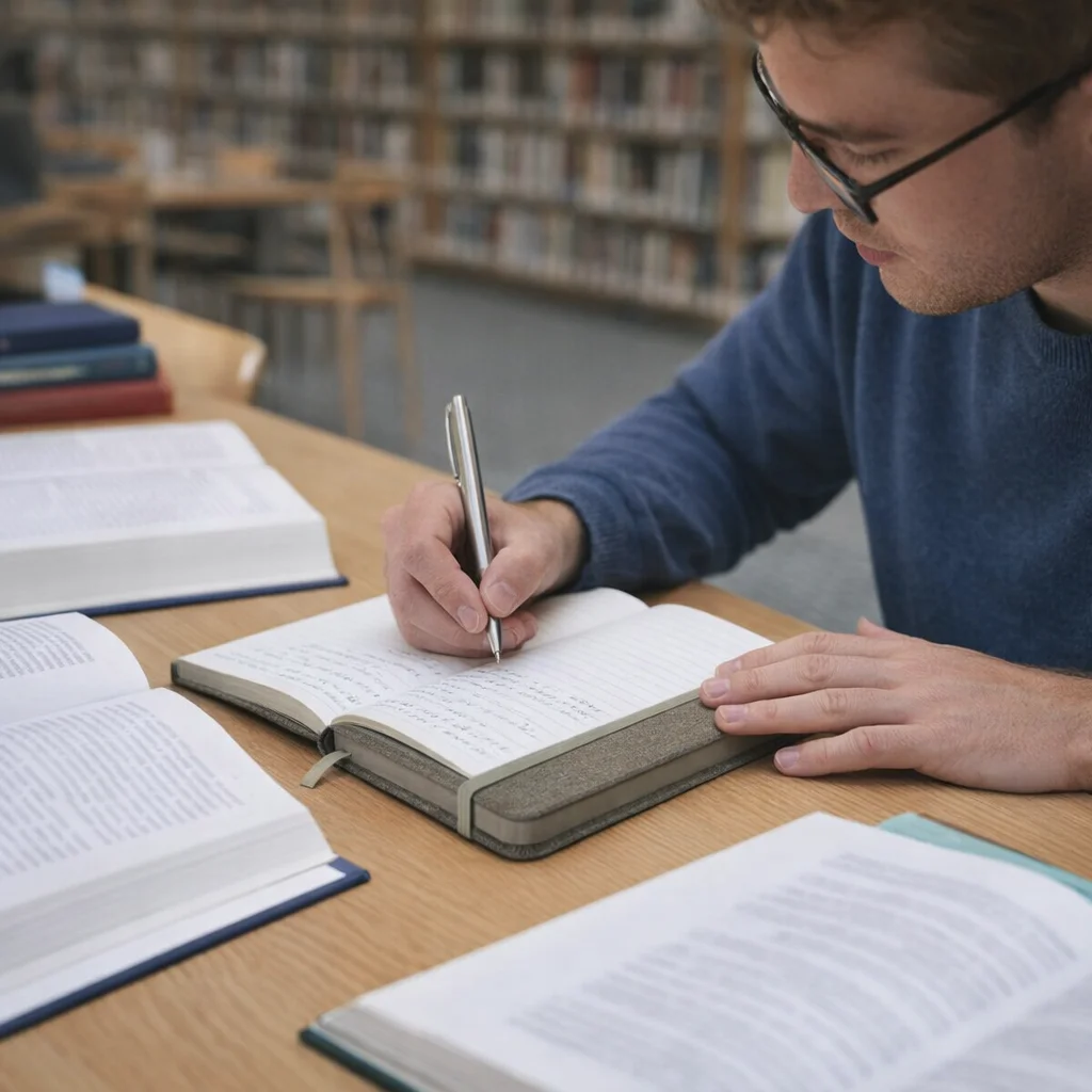 Someone writes in a Meredith Personalised Notebook at a library table with open books.