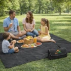 A family of four picnics on Picnic Fleece Blankets in a sunny park with snacks and drinks.