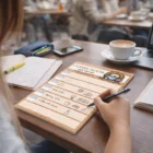 Someone writes on an A5 Custom Design Notepad-25 Leaves at a cozy coffee shop table.