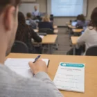 A student writes in an A7 Lecture Pads - 25 Leaves with a dental reminder on the desk.