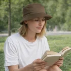 Woman outdoors in a park, wearing Bucket Hats and a white shirt, reading a book.