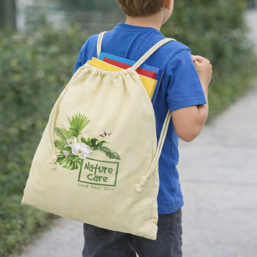 Boy in blue shirt with Drawstring Cotton Giftbags Large, holding colorful folders.