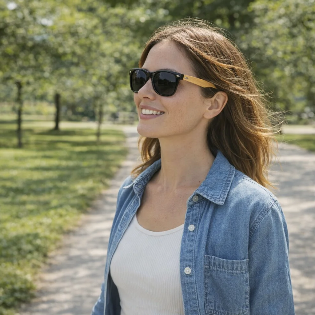 Woman smiles outdoors in denim shirt wearing Eco Bamboo Personalised Sunglasses.