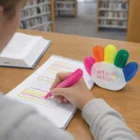 Person highlighting notes with pink High Five Highlighters; rainbow holder on desk.