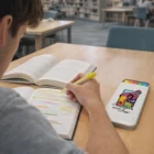 Someone uses Jasper Highlighter Sets at a library table with a pencil case nearby.