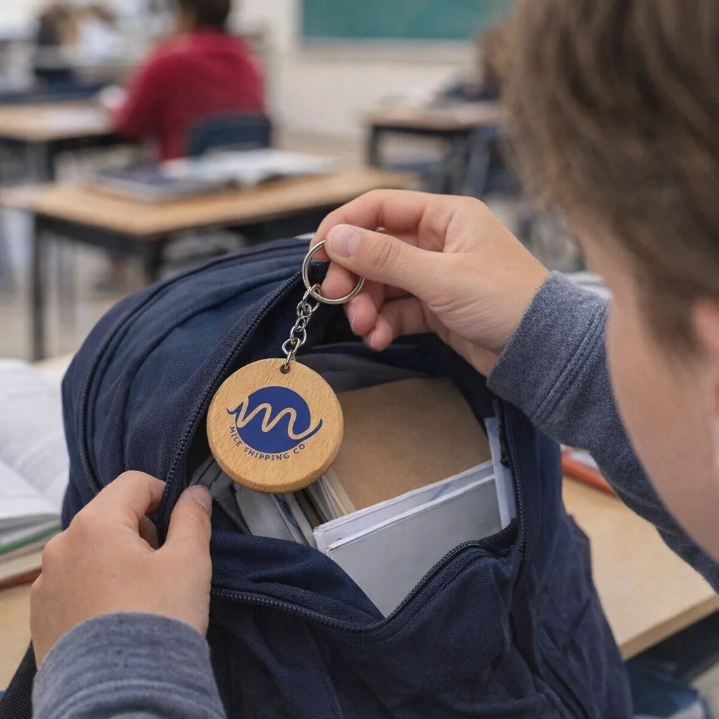 Person using Round Wooden Keyrings With Logo to open a backpack in class.