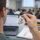 Student holding Puzzle Stress Less Keyrings in a classroom with a laptop, notes, and stress tools.