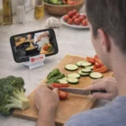 Someone slices veggies while watching a cooking video using Roosevelt Phone And Tablet Stands.