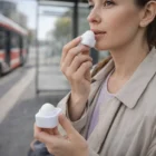 A woman applies Duchess Lip Balm Balls at a bus stop, holding the container by her lips.