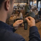 Person holds Perceval Metal Keyrings with a National Car Rental tag in a busy cafe.