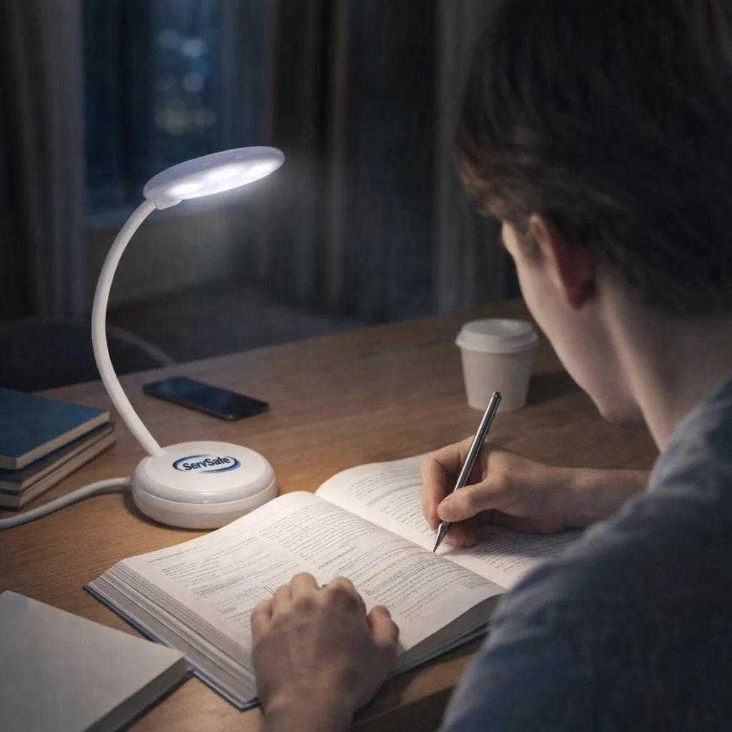 Person studying at a desk under Foldable Lamps, writing in a book at night.