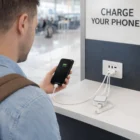 Man charging phone with Custom Logo Smartphone Charge Cord Set at airport USB station.