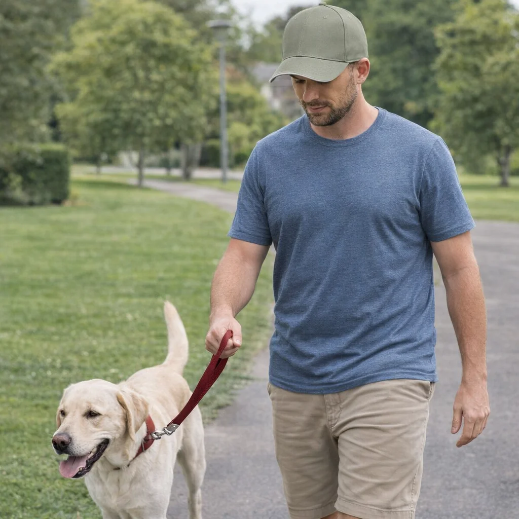 Man in a Sandwich Trim Embroidered Premium Cap walking a yellow labrador on leash in park.