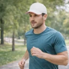 Man jogging in a park wearing a White Baseball Cap.