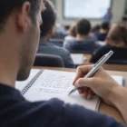 Student taking notes with Lancaster Aluminium Pens in a notebook during a lecture.