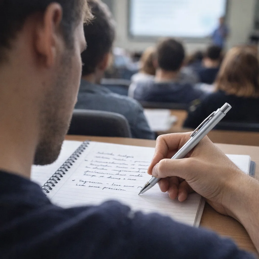 Student taking notes with Lancaster Aluminium Pens in a notebook during a lecture.