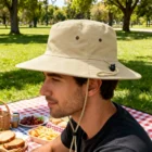 Man wearing a Havana Hats With Toggle sits on a picnic blanket in a sunny park with food.