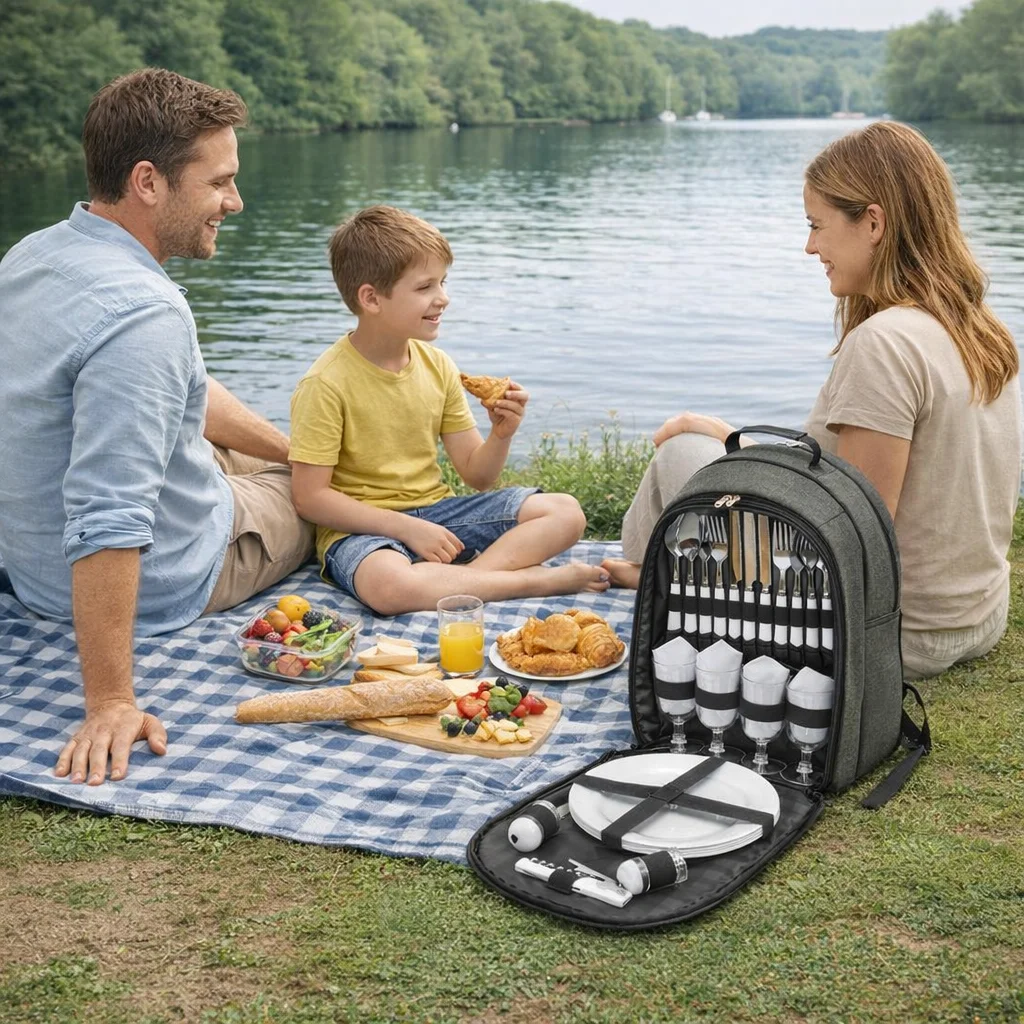 Family enjoys a picnic by the lake with Boston Personalised Logo Picnic Sets on a blanket.