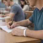 Student writing at desk, wearing Music Festival Wristbands Logo Debossed; others studying behind.