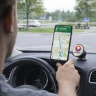 Person uses GPS on a phone secured by Kenzo Mobile Phone Holder With Magnets near a picnic area.