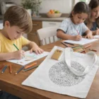 Three kids color at a table; Redmond Colouring Eco Totes is in the foreground.