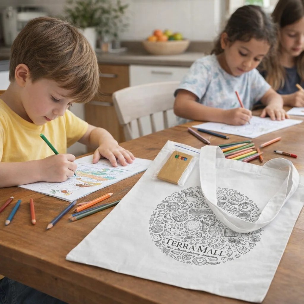 Three kids color at a table; Redmond Colouring Eco Totes is in the foreground.