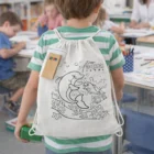 Child with Kids Colouring Backsacks—dolphin design and attached colored pencils.