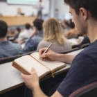 Student jotting notes in a Luxury Pu Notebook during a busy classroom lecture.