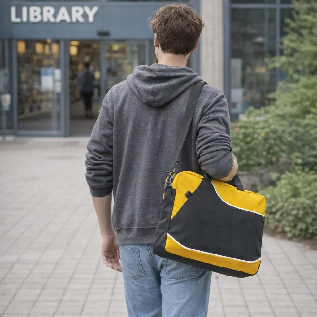 Someone with a yellow and black Bagsmith Conference Satchel walks toward the library.