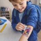 Child shows Temporary Tattoos Glitter 51Mm X 76Mm on forearm with a smile.