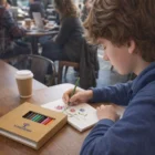 A boy draws flowers in a sketchbook with Artistik Sketch Sets at a café table.