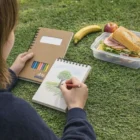 Person sketching a tree on grass with Solano Travel Artist Notepad Sets and lunch beside them.