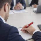 Man in suit taking notes with a red Pierre Cardin Evolution Pen at a meeting; others blurred.