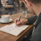 Writing in a notebook with a Pierre Cardin Calais Pen at a café, coffee and water nearby.