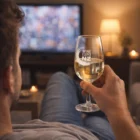 Person holding a 215Ml Taster Wine Glass of white wine, watching TV in a cozy living room.