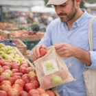 Man uses Eco-Friendly Promotional Produce Bags at a farmers market fruit stand.