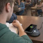 Someone writes in a notebook as their phone charges on a Sparkle Wireless Charger at the café.