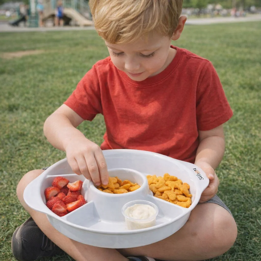 Young boy enjoys snacks from Bailey BPA Free Snack Tray while sitting on grass outside.
