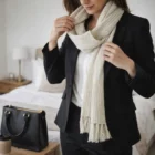 Woman in a black suit adjusts a cream Cable Knit Scarf in a bedroom with a black purse nearby.