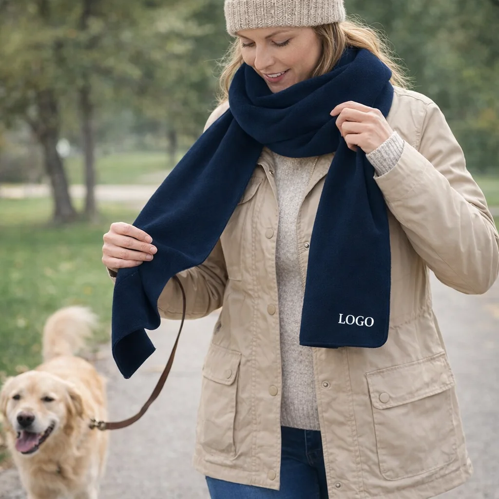 Woman in tan coat walks dog, wearing a navy Polar Fleece Scarves Embroidered.