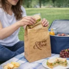 Woman packing a sandwich into a Durable Kraft Cooler Bag during a picnic on the grass.