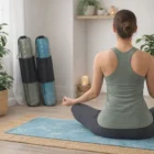 Woman meditating on a Brighton Printed Soft Yoga Mat, with rolled mats and candles behind her.