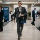 Man in suit at conference carries Upright Cutting Edge Briefcases gift bag.